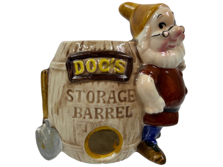 Just Added - Vintage 1960s Enesco Walt Disney Productions Snow White Doc’s Storage Barrel Ceramic Crayon Sharpener And Holder Made In Japan 4.5'H