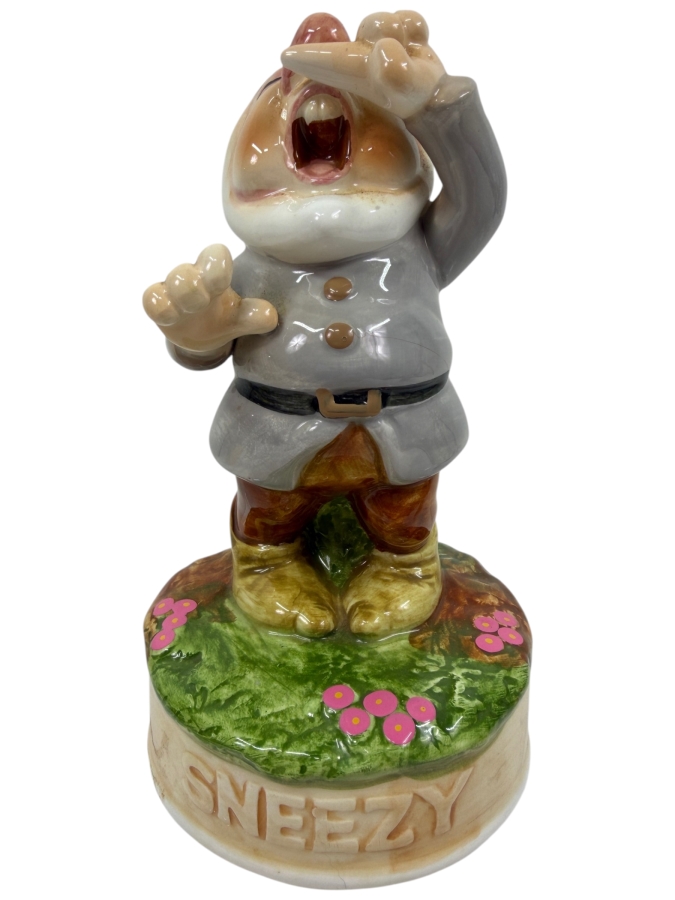 Just Added - Vintage 1980s Schmid Disney Snow White And The Seven Dwarfs Sneezy Hand Painted Rotating Ceramic Music Box Made In Japan 6.75'H