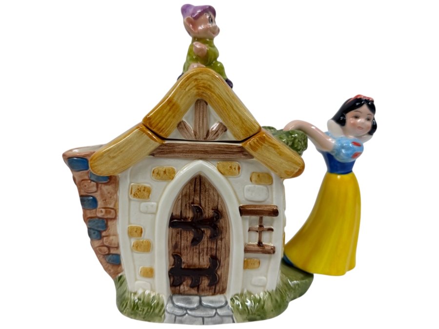 Just Added - Vintage Disney Japan Snow White And The Seven Dwarfs Cottage Ceramic Teapot Featuring Snow White Handle And Dopey Lid 8'H