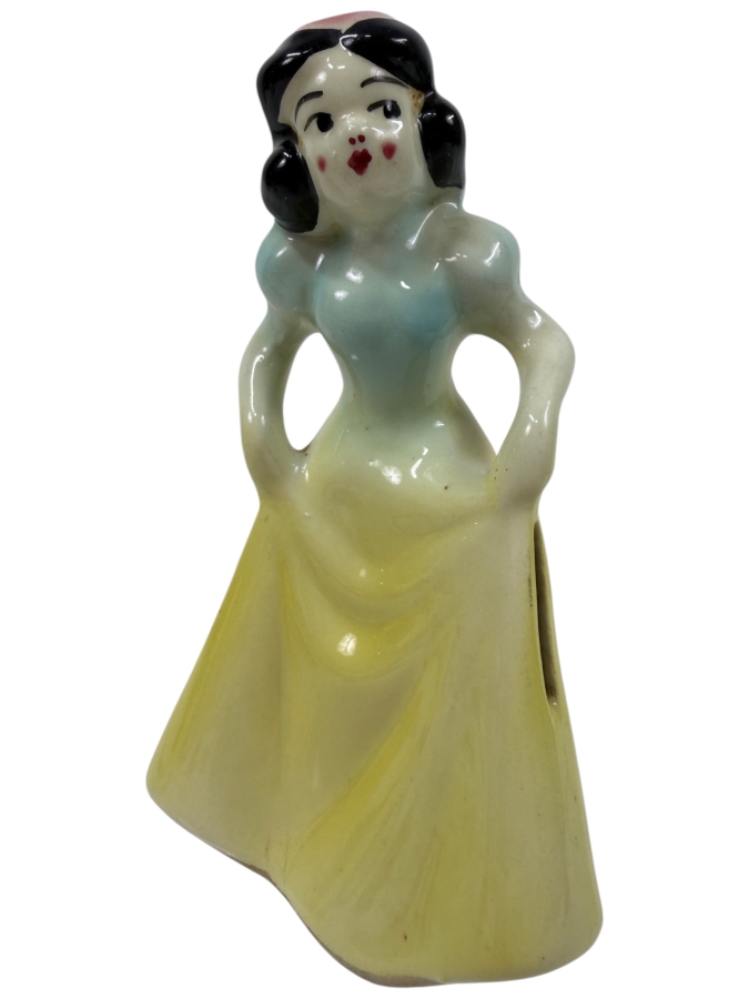 Just Added - Vintage 1949 Leeds China Co. Walt Disney Snow White Ceramic Figurine Coin Bank Featuring Iconic Pose With Pastel Blue Top And Yellow Skirt 6.5'H