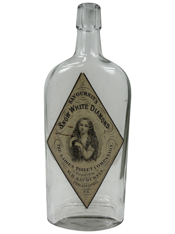 Just Added - Rare Antique Savournin’s Snow White Diamond The Ladies’ Toilet Companion Labeled Clear Glass Bottle Prepared By W. H. Savournin Philadelphia PA 8.5'H