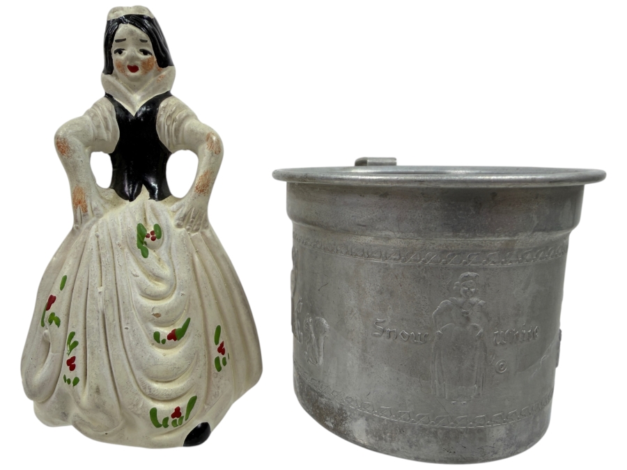 Just Added - Vintage 1945 Snow White And The Seven Dwarfs Chalkware Figurine And 1950s Disney Aluminum Child’s Cup Collection 3' - 4'H
