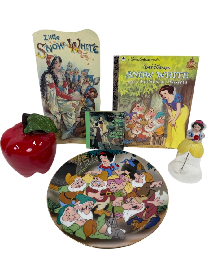 Just Added - Walt Disney's Snow White And The Seven Dwarfs Collector Set Featuring Kenleys Cartoon Classics Plate, 1948 Little Golden Book, Large Ceramic Poison Apple, And Hand Painted Glass Figurine Bell Collection