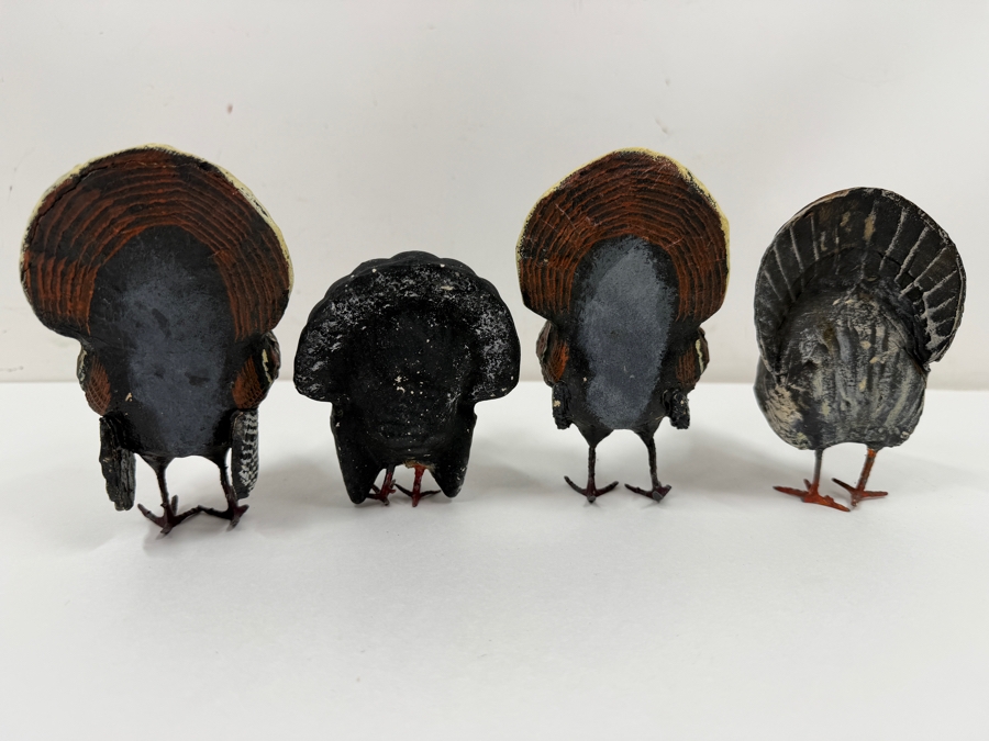 Just Added - (4) Antique German Papier-Mache And Composition Turkey Candy Containers With Removable Heads And Wire Legs 4' - 5'H [Photo 6]