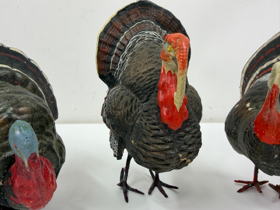 Just Added - (4) Antique German Papier-Mache And Composition Turkey Candy Containers With Removable Heads And Wire Legs 4' - 5'H [Photo 4]