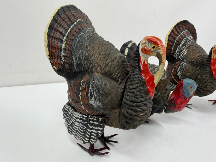 Just Added - (4) Antique German Papier-Mache And Composition Turkey Candy Containers With Removable Heads And Wire Legs 4' - 5'H [Photo 2]