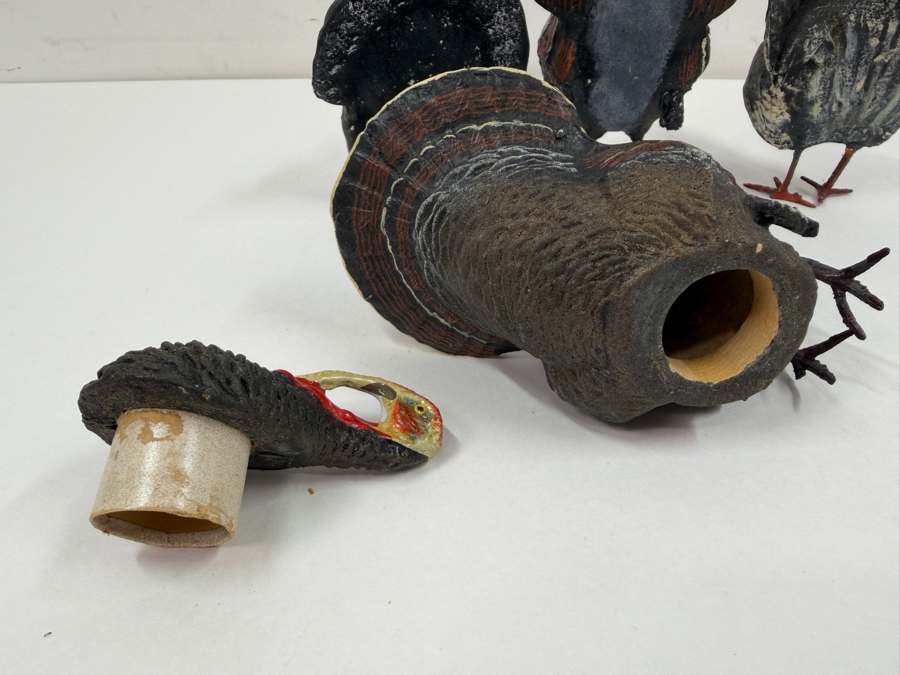Just Added - (4) Antique German Papier-Mache And Composition Turkey Candy Containers With Removable Heads And Wire Legs 4' - 5'H [Photo 7]