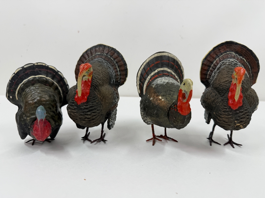 Just Added - (4) Antique German Papier-Mache And Composition Turkey Candy Containers With Removable Heads And Wire Legs 4' - 5'H [Photo 13]
