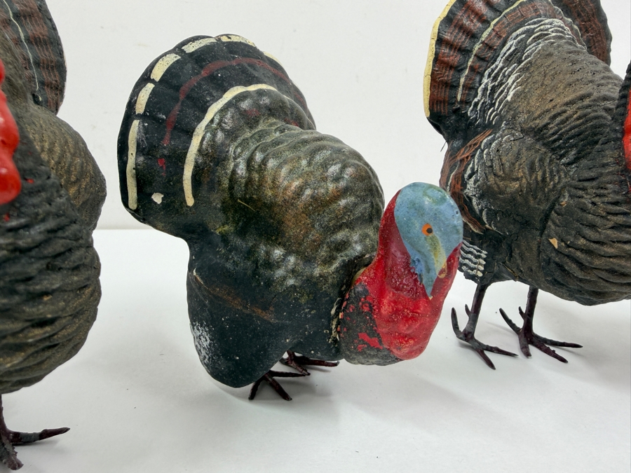 Just Added - (4) Antique German Papier-Mache And Composition Turkey Candy Containers With Removable Heads And Wire Legs 4' - 5'H [Photo 3]