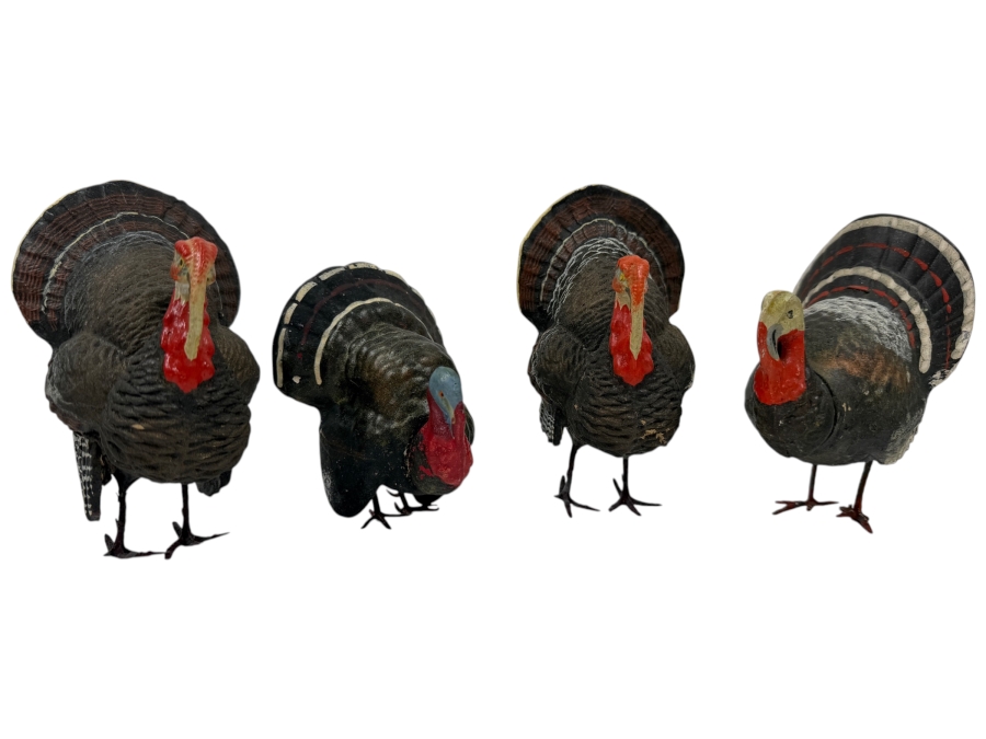 Just Added - (4) Antique German Papier-Mache And Composition Turkey Candy Containers With Removable Heads And Wire Legs 4' - 5'H