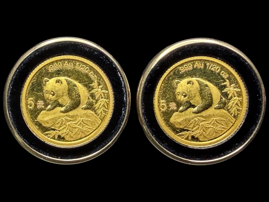 Pair Of Chinese Panda 1/20 Oz 24K Gold Coins Set In 14k Gold Round Frame Earrings 9.6g [Gold Melt Value Is $1,063]