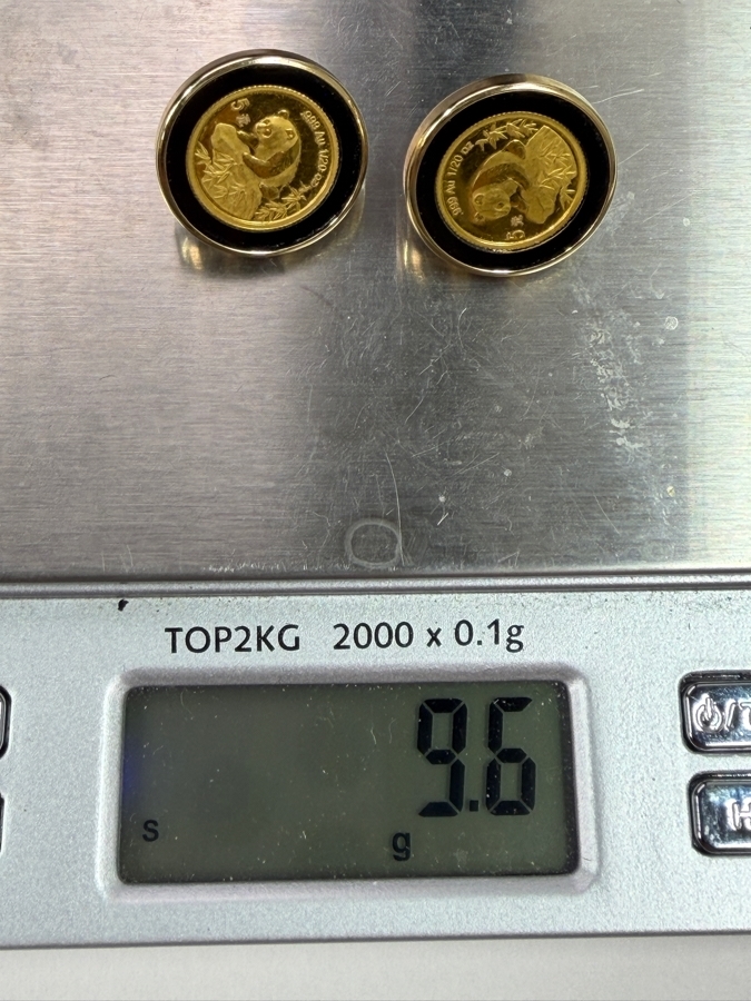 Pair Of Chinese Panda 1/20 Oz 24K Gold Coins Set In 14k Gold Round Frame Earrings 9.6g [Gold Melt Value Is $1,063] [Photo 5]