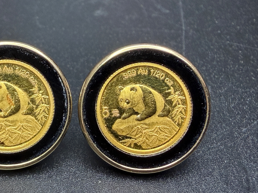 Pair Of Chinese Panda 1/20 Oz 24K Gold Coins Set In 14k Gold Round Frame Earrings 9.6g [Gold Melt Value Is $1,063] [Photo 2]