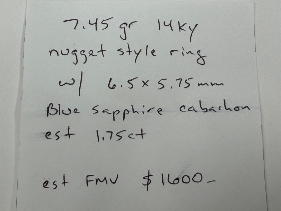 14k Gold Nugget Style Ring With Cabochon Blue Sapphire 6.5 x 5.75mm Est. 1.75ct 7.3g Retails $3,200 [Photo 9]