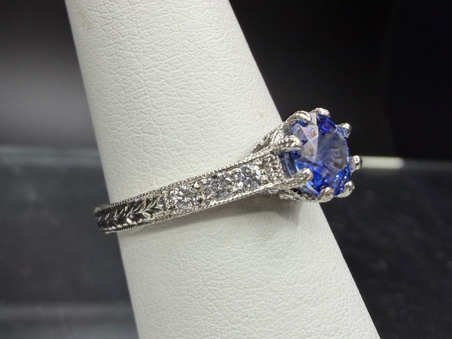 Platinum (.900) Ring With 5.2mm Blue Sapphire And Diamonds Size 5.5 2.8g Retails $1,800 [Photo 2]