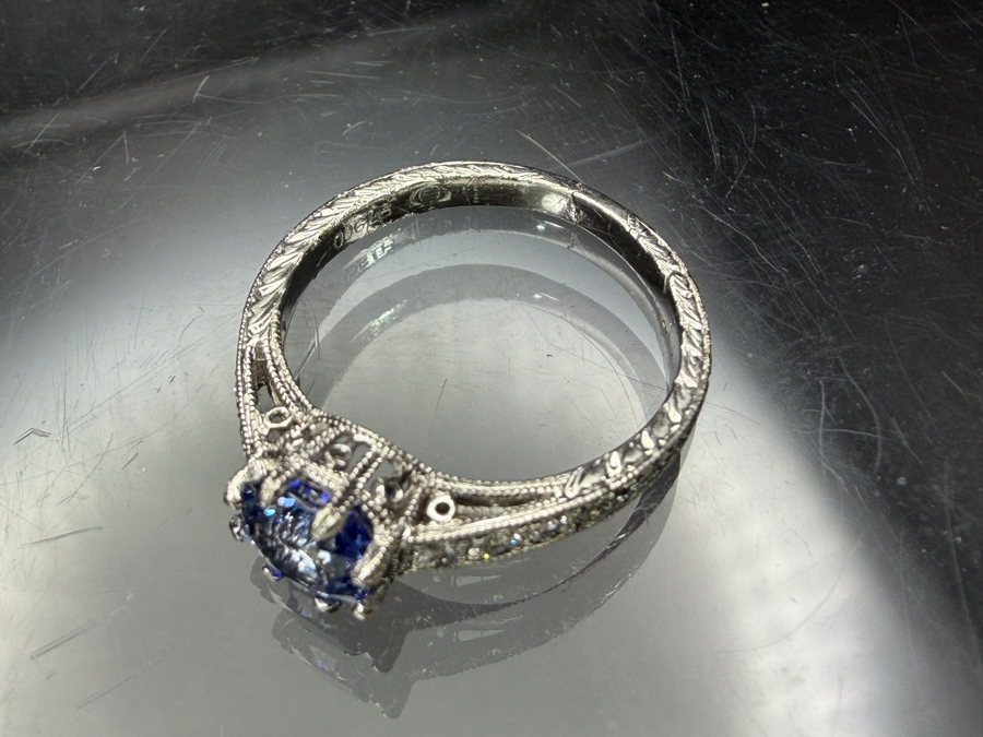 Platinum (.900) Ring With 5.2mm Blue Sapphire And Diamonds Size 5.5 2.8g Retails $1,800 [Photo 6]