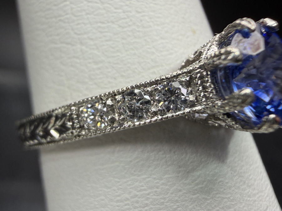 Platinum (.900) Ring With 5.2mm Blue Sapphire And Diamonds Size 5.5 2.8g Retails $1,800 [Photo 3]