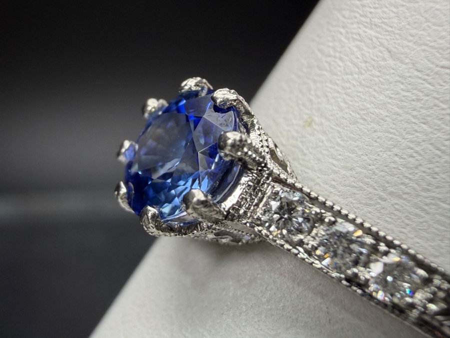 Platinum (.900) Ring With 5.2mm Blue Sapphire And Diamonds Size 5.5 2.8g Retails $1,800 [Photo 5]