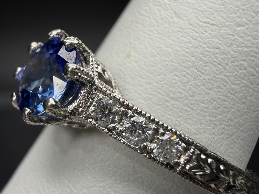 Platinum (.900) Ring With 5.2mm Blue Sapphire And Diamonds Size 5.5 2.8g Retails $1,800 [Photo 4]