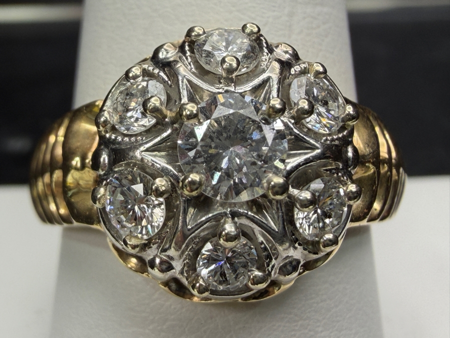 14k Gold Diamond Ring With 4.5mm Round Brilliant Cut Center Diamond Est. .40ct Surrounded By (6) 3mm Round Brilliant Cut Diamonds Est. .60cttw (Total Of 1.0cttw) Size 10.25 8.2g Retails $4,800 [Photo 3]