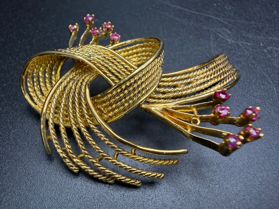 18k Gold Brooch Pin With (10) 2-2.2mm Rubies 2.25'W 14.8g Retails $6,400 [Photo 4]