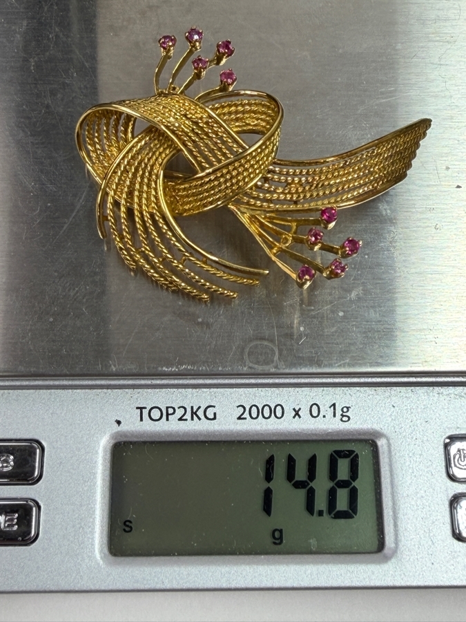 18k Gold Brooch Pin With (10) 2-2.2mm Rubies 2.25'W 14.8g Retails $6,400 [Photo 9]