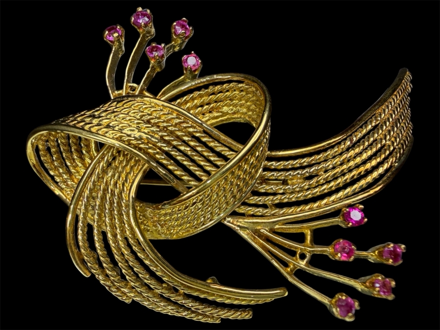 18k Gold Brooch Pin With (10) 2-2.2mm Rubies 2.25'W 14.8g Retails $6,400