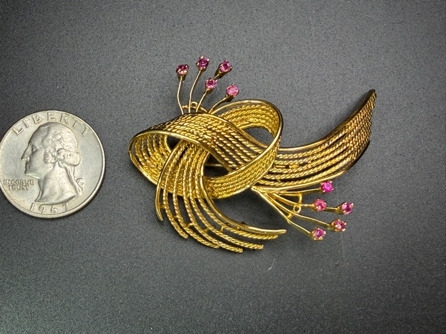 18k Gold Brooch Pin With (10) 2-2.2mm Rubies 2.25'W 14.8g Retails $6,400 [Photo 7]