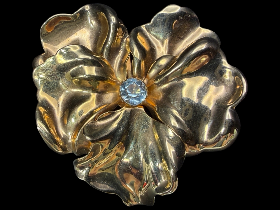 10k Gold Brooch Pin With 6mm Sky Blue Topaz 2'W 8.4g Retails $2,100