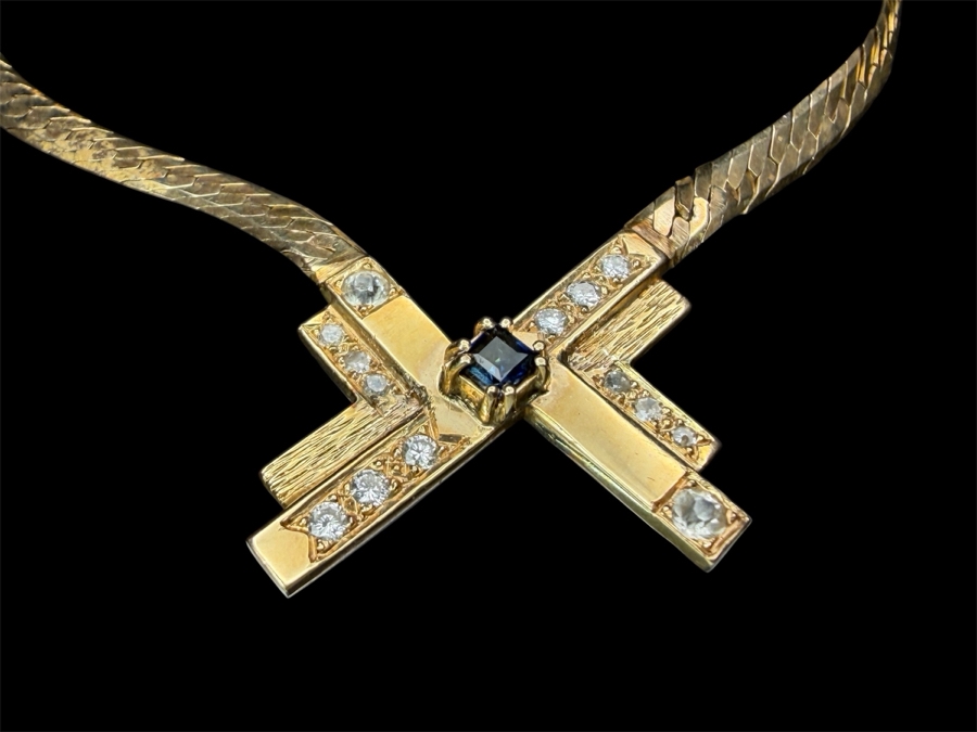 14k Gold 18' Italian Chain Necklace With 14k Gold Pendant Featuring A 3mm Brilliant Sapphire, (2) 2.5mm White Sapphires, (6) 1.4mm Round Brilliant (RB) Diamonds And (6) 1.2mm RB Diamonds 17.0g Retails $6,000 [Photo 2]