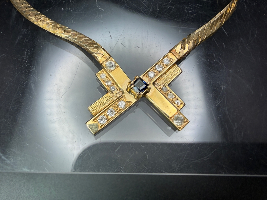 14k Gold 18' Italian Chain Necklace With 14k Gold Pendant Featuring A 3mm Brilliant Sapphire, (2) 2.5mm White Sapphires, (6) 1.4mm Round Brilliant (RB) Diamonds And (6) 1.2mm RB Diamonds 17.0g Retails $6,000 [Photo 4]