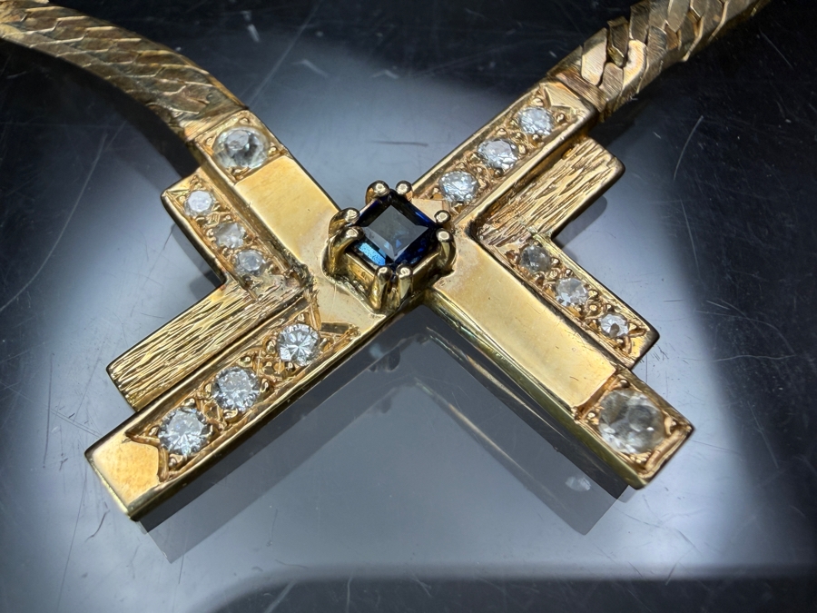 14k Gold 18' Italian Chain Necklace With 14k Gold Pendant Featuring A 3mm Brilliant Sapphire, (2) 2.5mm White Sapphires, (6) 1.4mm Round Brilliant (RB) Diamonds And (6) 1.2mm RB Diamonds 17.0g Retails $6,000 [Photo 7]