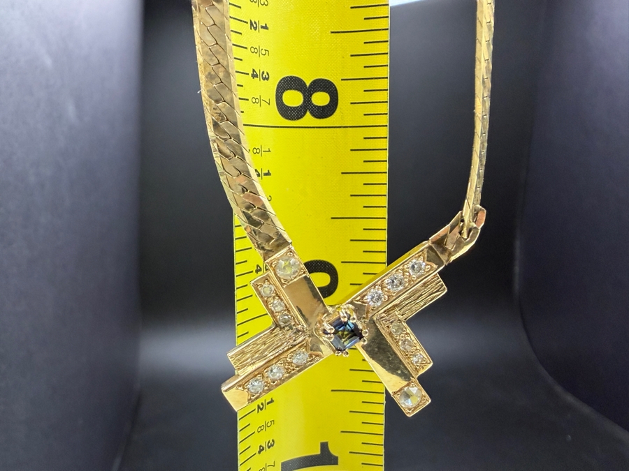 14k Gold 18' Italian Chain Necklace With 14k Gold Pendant Featuring A 3mm Brilliant Sapphire, (2) 2.5mm White Sapphires, (6) 1.4mm Round Brilliant (RB) Diamonds And (6) 1.2mm RB Diamonds 17.0g Retails $6,000 [Photo 15]