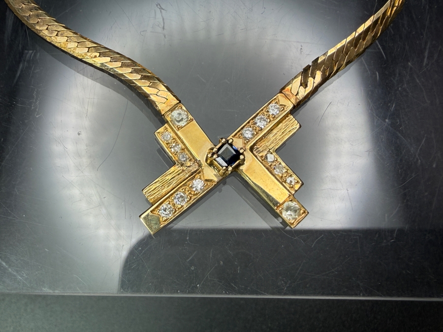 14k Gold 18' Italian Chain Necklace With 14k Gold Pendant Featuring A 3mm Brilliant Sapphire, (2) 2.5mm White Sapphires, (6) 1.4mm Round Brilliant (RB) Diamonds And (6) 1.2mm RB Diamonds 17.0g Retails $6,000 [Photo 5]