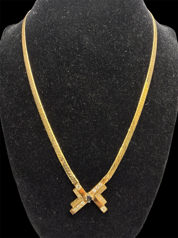 14k Gold 18' Italian Chain Necklace With 14k Gold Pendant Featuring A 3mm Brilliant Sapphire, (2) 2.5mm White Sapphires, (6) 1.4mm Round Brilliant (RB) Diamonds And (6) 1.2mm RB Diamonds 17.0g Retails $6,000 [Photo 3]