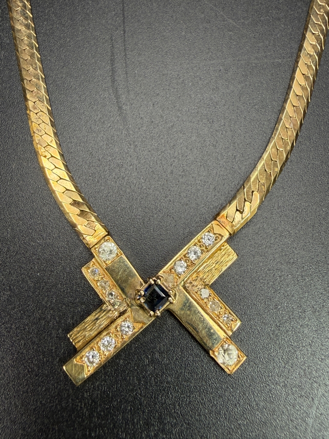 14k Gold 18' Italian Chain Necklace With 14k Gold Pendant Featuring A 3mm Brilliant Sapphire, (2) 2.5mm White Sapphires, (6) 1.4mm Round Brilliant (RB) Diamonds And (6) 1.2mm RB Diamonds 17.0g Retails $6,000 [Photo 13]