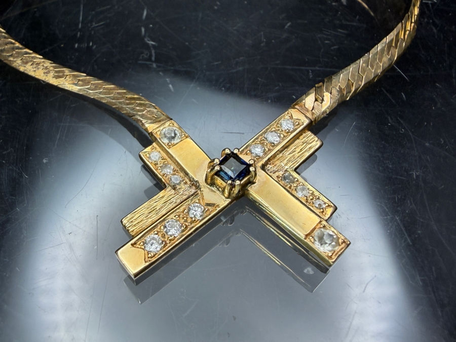 14k Gold 18' Italian Chain Necklace With 14k Gold Pendant Featuring A 3mm Brilliant Sapphire, (2) 2.5mm White Sapphires, (6) 1.4mm Round Brilliant (RB) Diamonds And (6) 1.2mm RB Diamonds 17.0g Retails $6,000 [Photo 8]