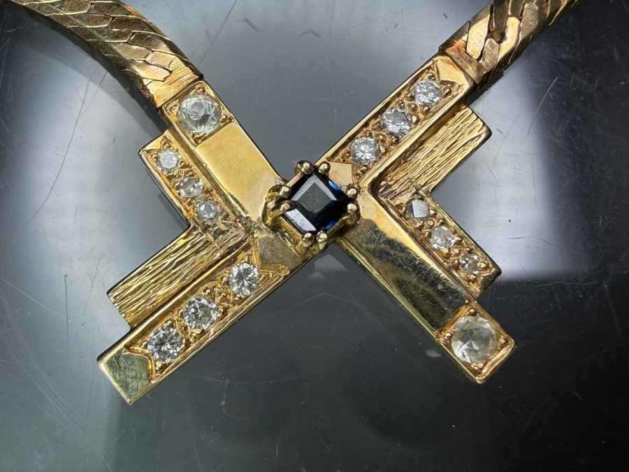 14k Gold 18' Italian Chain Necklace With 14k Gold Pendant Featuring A 3mm Brilliant Sapphire, (2) 2.5mm White Sapphires, (6) 1.4mm Round Brilliant (RB) Diamonds And (6) 1.2mm RB Diamonds 17.0g Retails $6,000 [Photo 6]