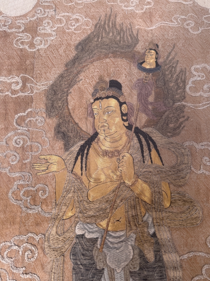 Antique Japanese Embroidered Silk Hanging Scroll Depicting The 'Welcoming Descent Of Amida (Raigo)' Showing The Buddha Amida Descending On Clouds Accompanied By Bodhisattvas Using Gold And Silver Threads [Photo 2]