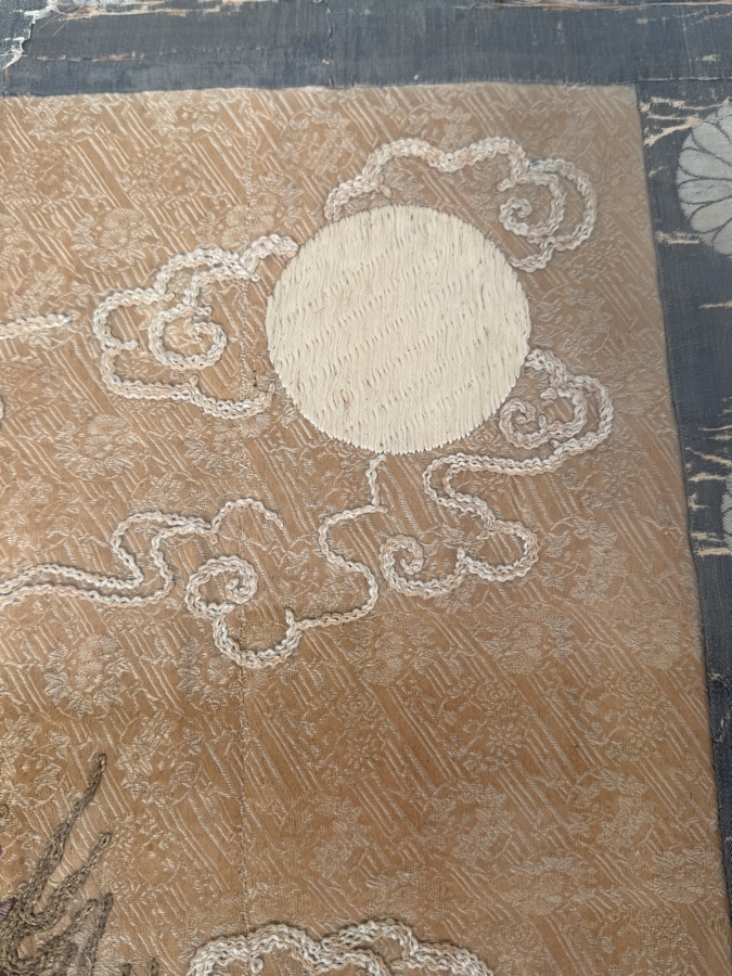 Antique Japanese Embroidered Silk Hanging Scroll Depicting The 'Welcoming Descent Of Amida (Raigo)' Showing The Buddha Amida Descending On Clouds Accompanied By Bodhisattvas Using Gold And Silver Threads [Photo 6]