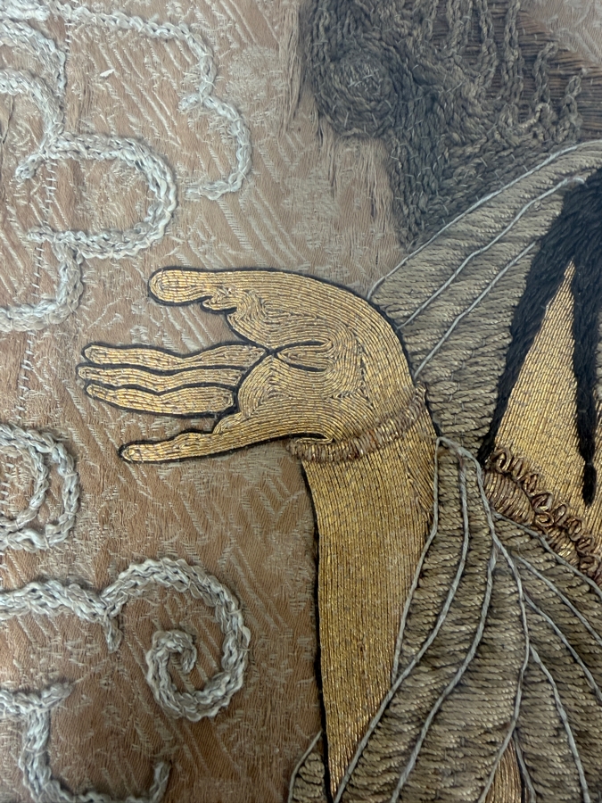 Antique Japanese Embroidered Silk Hanging Scroll Depicting The 'Welcoming Descent Of Amida (Raigo)' Showing The Buddha Amida Descending On Clouds Accompanied By Bodhisattvas Using Gold And Silver Threads [Photo 5]