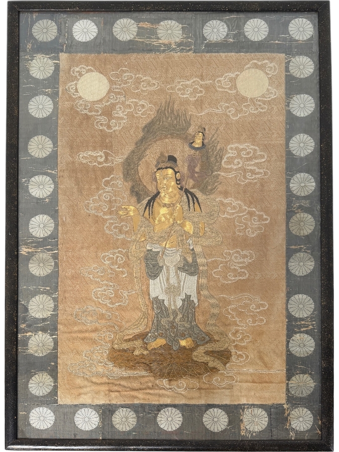 Antique Japanese Embroidered Silk Hanging Scroll Depicting The 'Welcoming Descent Of Amida (Raigo)' Showing The Buddha Amida Descending On Clouds Accompanied By Bodhisattvas Using Gold And Silver Threads