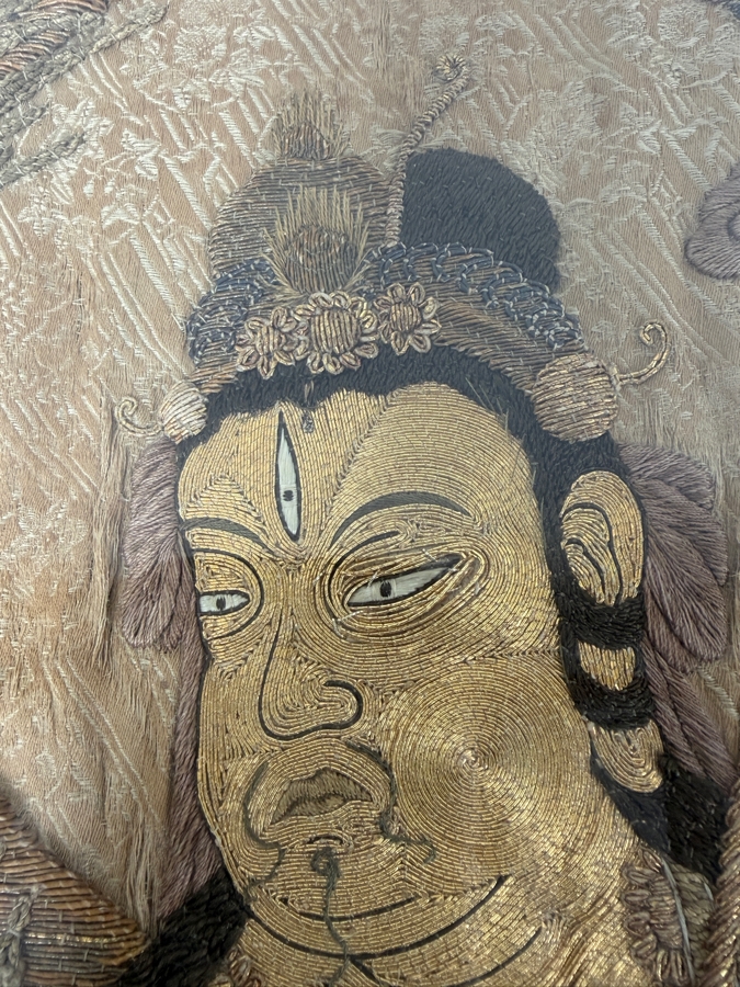 Antique Japanese Embroidered Silk Hanging Scroll Depicting The 'Welcoming Descent Of Amida (Raigo)' Showing The Buddha Amida Descending On Clouds Accompanied By Bodhisattvas Using Gold And Silver Threads [Photo 4]