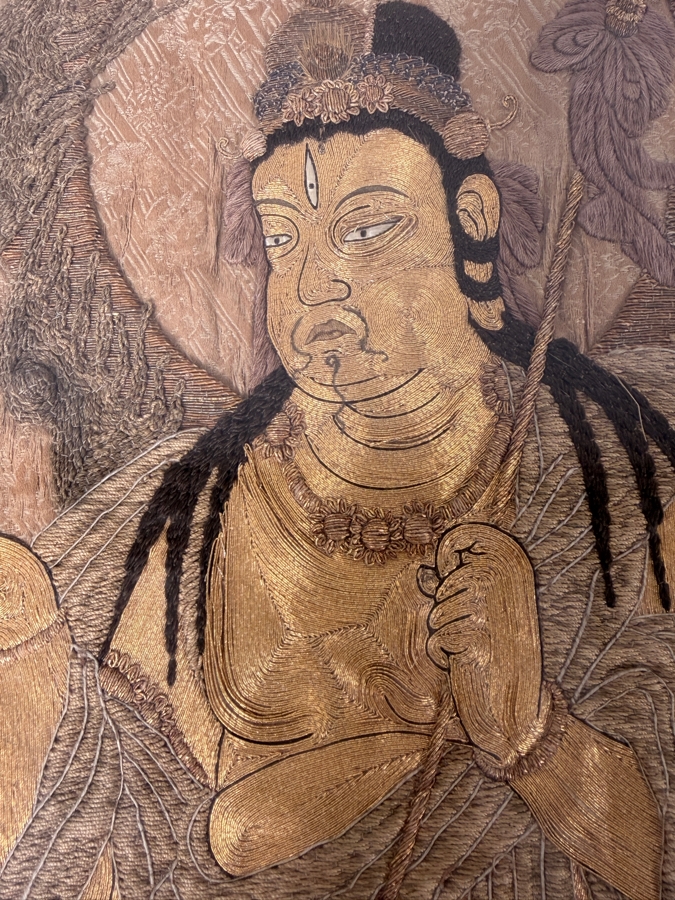 Antique Japanese Embroidered Silk Hanging Scroll Depicting The 'Welcoming Descent Of Amida (Raigo)' Showing The Buddha Amida Descending On Clouds Accompanied By Bodhisattvas Using Gold And Silver Threads [Photo 3]