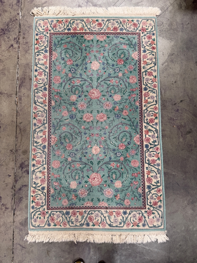 Just Added - Hand-Knotted Wool Area Rug With Floral Medallion Design And Fringed Edges In Teal And Pink 36'W X 62'H [Photo 2]