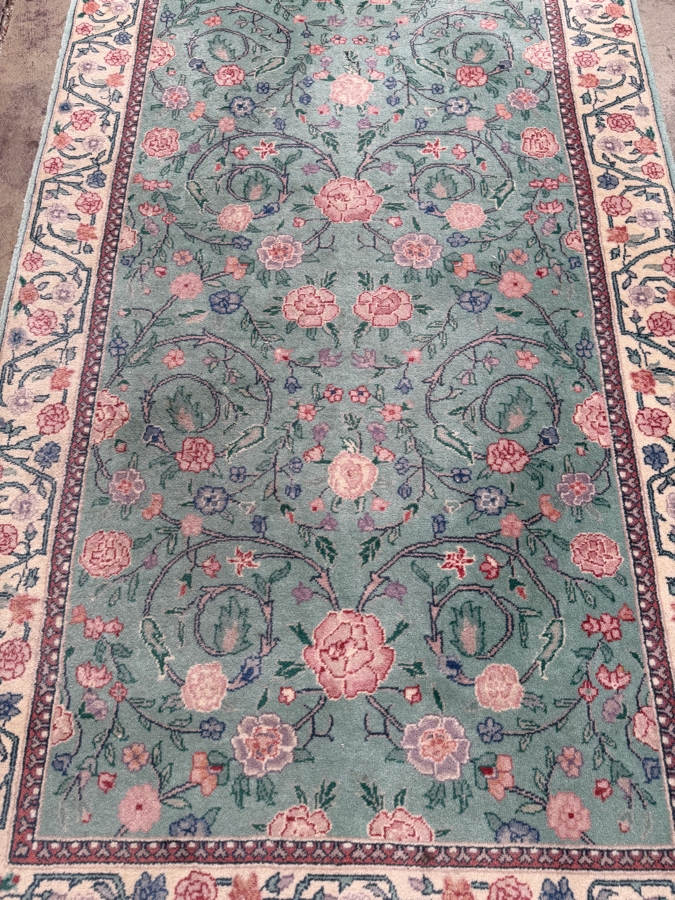 Just Added - Hand-Knotted Wool Area Rug With Floral Medallion Design And Fringed Edges In Teal And Pink 36'W X 62'H [Photo 3]