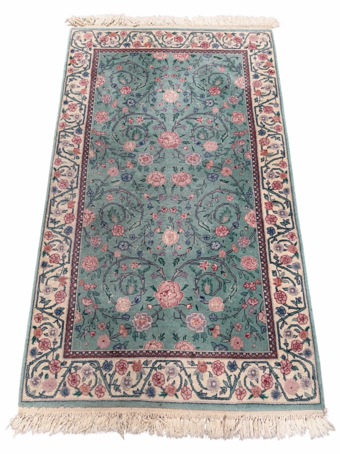 Just Added - Hand-Knotted Wool Area Rug With Floral Medallion Design And Fringed Edges In Teal And Pink 36'W X 62'H