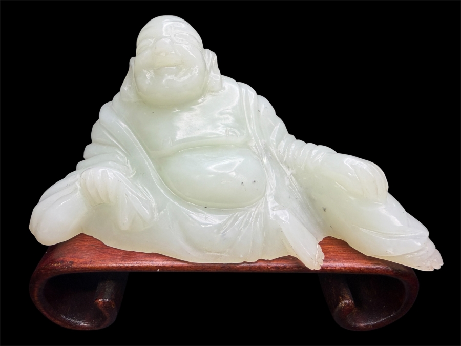 Just Added - Vintage Chinese Carved Celadon Jade Reclining Laughing Buddha Hotei Figurine On Carved Rosewood Stand 3'W X 2.25'H