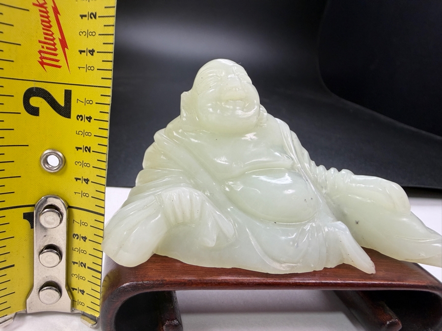 Just Added - Vintage Chinese Carved Celadon Jade Reclining Laughing Buddha Hotei Figurine On Carved Rosewood Stand 3'W X 2.25'H [Photo 6]