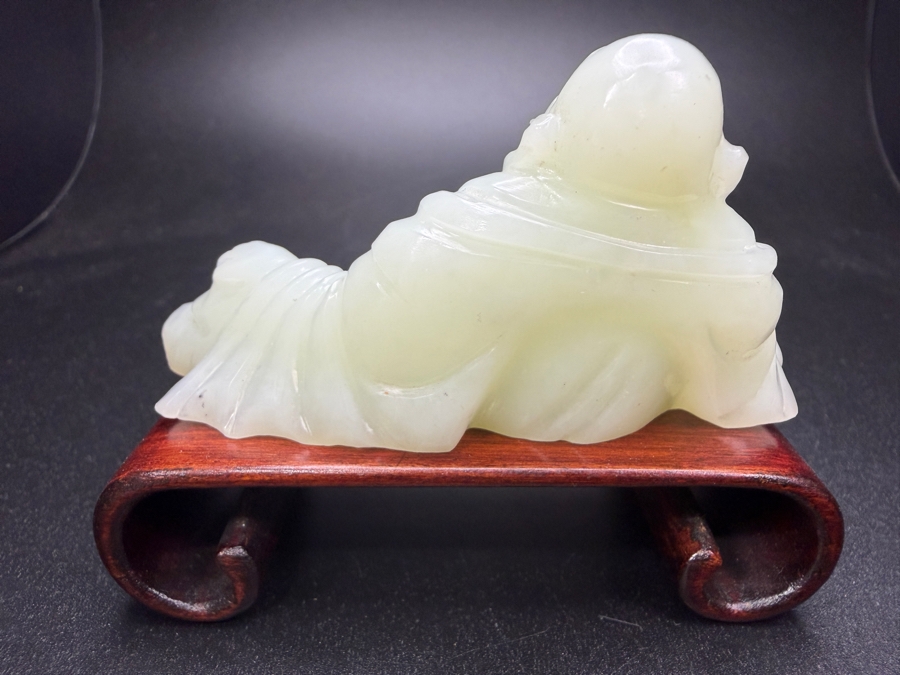 Just Added - Vintage Chinese Carved Celadon Jade Reclining Laughing Buddha Hotei Figurine On Carved Rosewood Stand 3'W X 2.25'H [Photo 3]